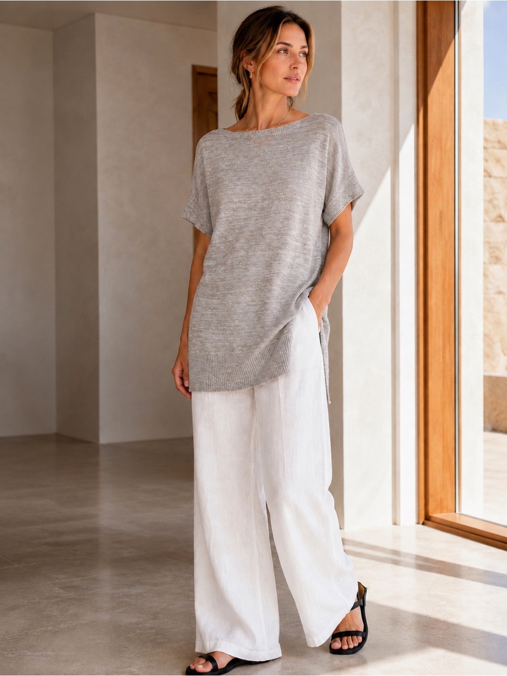 Max Mara Leisure Heathered Cotton Boatneck Knit Tunic Top Oatmeal M